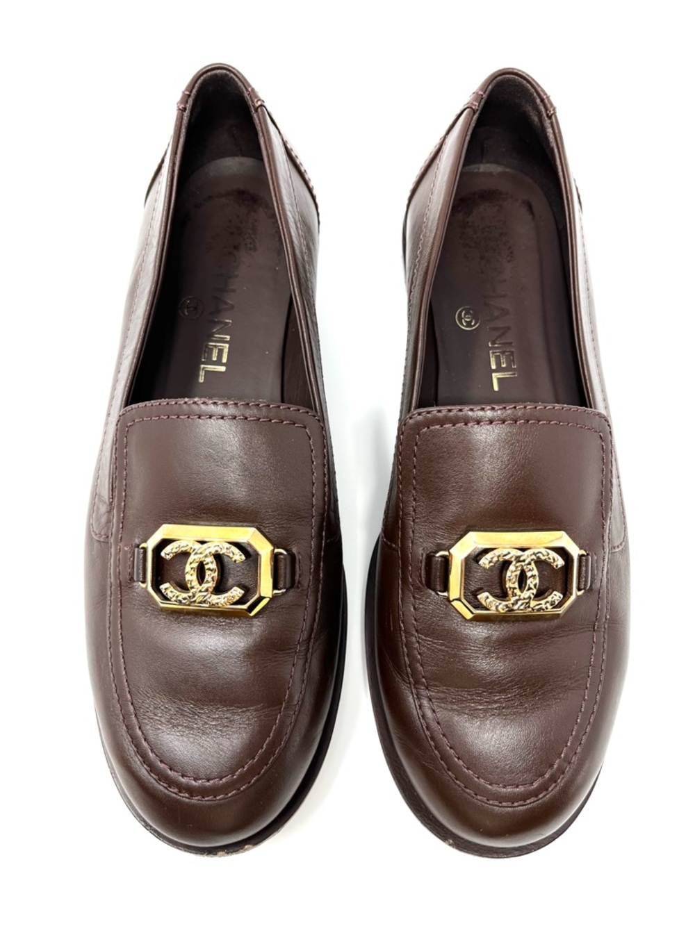 Chanel 2023 Brown Leather Gold Interlocking CC Logo Loafers Flats Shoes 37.5 - Picture 11 of 11